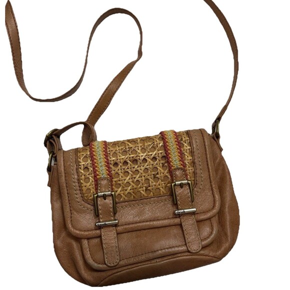 THE SAK Leather Crossbody Bag Pockets Tan Brown Adjustable Cane Ribbon Detail - Picture 1 of 11